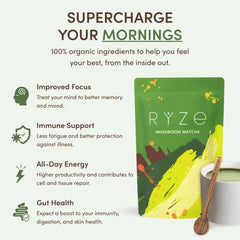 RYZE Mushroom Matcha — Organic Instant Matcha Latte with Lion's Mane & King Trumpet, 30 Servings B1