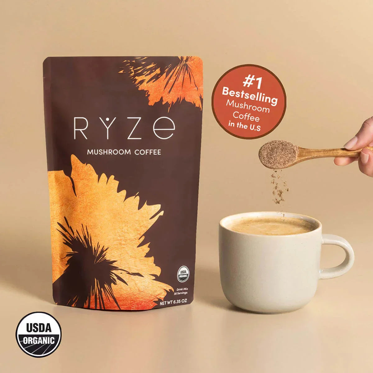 RYZE Mushroom Coffee — Organic Instant Coffee with Cordyceps & Reishi, 30 Servings D2