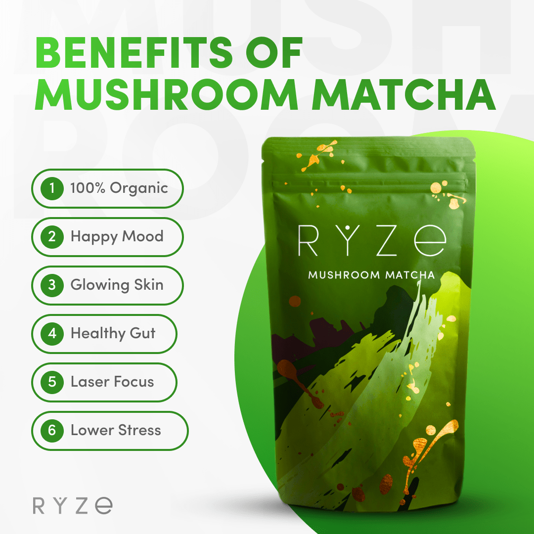 RYZE Mushroom Matcha - with 6 Organic Adaptogenic Mushrooms Grown In USA and Ceremonial-Grade Japanese Matcha W9