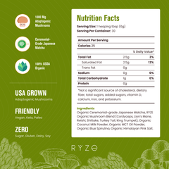 RYZE Mushroom Matcha - with 6 Organic Adaptogenic Mushrooms Grown In USA and Ceremonial-Grade Japanese Matcha W9